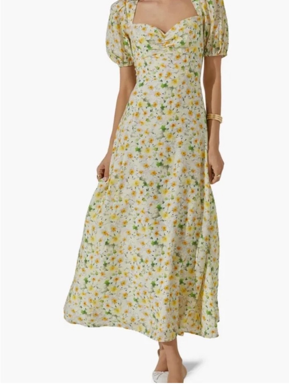 Astr Floral Puff Sleeve Maxi Dress - Yellow Green